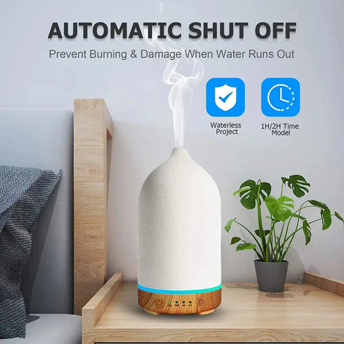 BowLift | Aromisca Ceramic Aroma Diffuser | 100 ml Ultrasonic Air Humidifier | 7 LED Colors & Timer | Handcrafted Design | EU Plug