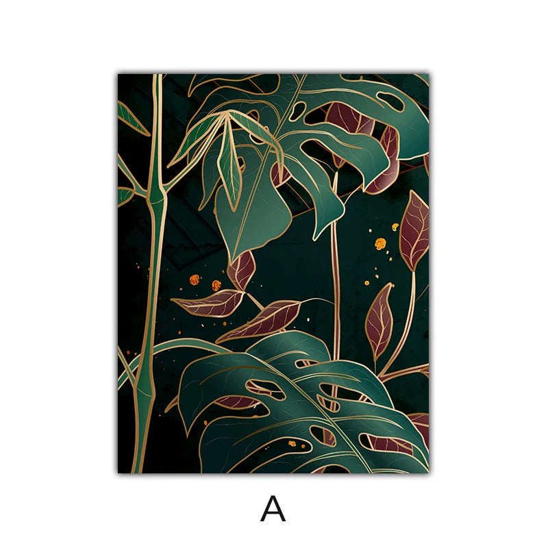 Modern Abstract Tropical Botany Wall Art Fine Art Canvas Prints Red Green Palm Leaves Posters Pictures For Living Room Hotel Room Decor | Bowlift