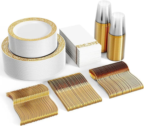 BowLift | 350pcs Disposable Gold Lace Dinnerware Set for 50 Guests