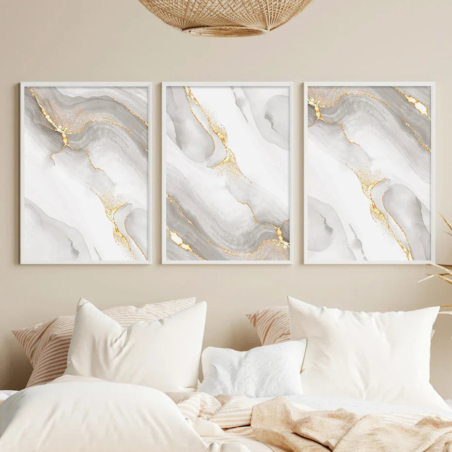 Light Luxury Golden Gray Marble Print Wall Art Fine Art Canvas Prints Posters Abstract Minimalist Pictures For Modern Living Room Decor | Bowlift
