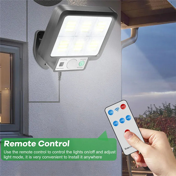 BowLift | LumoVolt Solar light with motion sensor | 72 COB LEDs | Remote control & 5 m solar panel cable | 3 modes | IP65 weatherproof