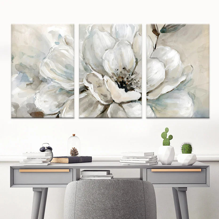Big Beige White Floral Wall Art Fine Art Canvas Prints Modern Botanical Pictures For Living Room Dining Room Bedroom Art Decor | Bowlift