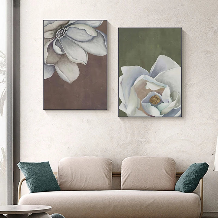 Scandinavian Big Floral Wall Art Fine Art Canvas Prints White Petal Flower Posters Modern Botanical Pictures For Foyer Living Room | Bowlift