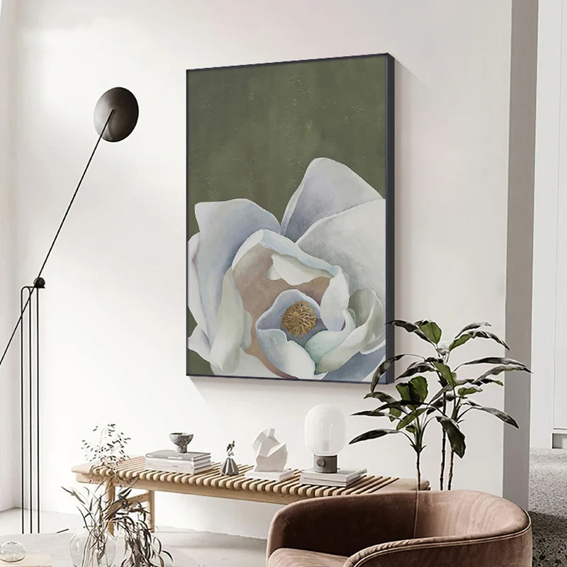 Scandinavian Big Floral Wall Art Fine Art Canvas Prints White Petal Flower Posters Modern Botanical Pictures For Foyer Living Room | Bowlift