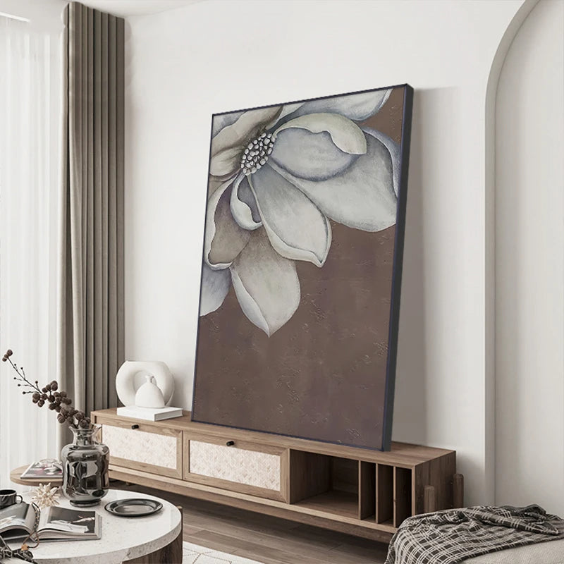 Scandinavian Big Floral Wall Art Fine Art Canvas Prints White Petal Flower Posters Modern Botanical Pictures For Foyer Living Room | Bowlift
