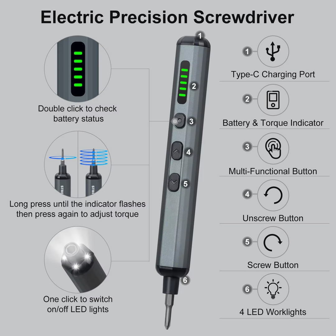 BowLift | Mini Electric Precision Screwdriver Set with 64 Magnetic Bits and LED Lighting