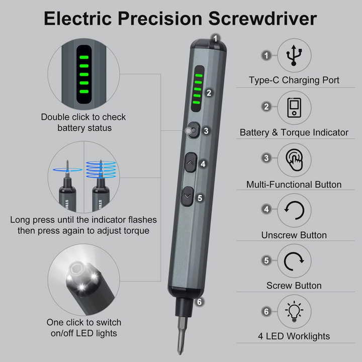 BowLift | Mini Electric Precision Screwdriver Set with 64 Magnetic Bits and LED Lighting