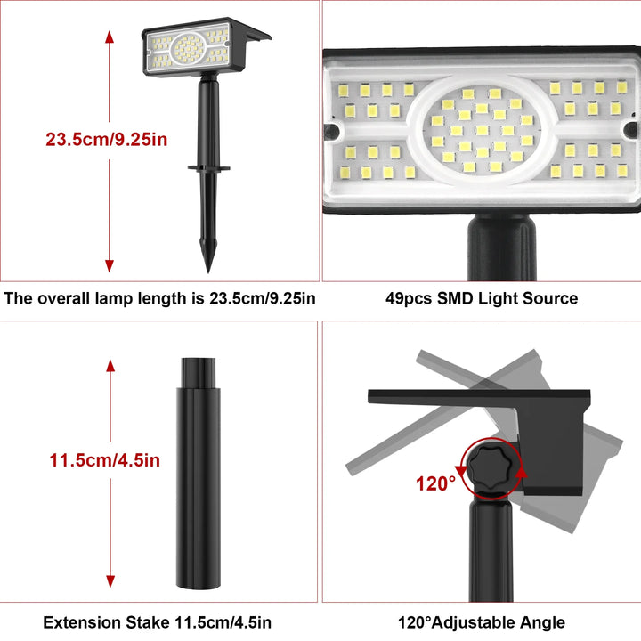 BowLift | Solara LED Solar Spotlight | 4 Light Colors | 49 LEDs | IP65 Waterproof | Energy Saving with Solar Panel