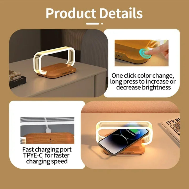 BowLift | LumiCharge Touch | LED Table Lamp with Wireless Charger | Dimmable & Touch Control | Qi Fast Charging Function | Wood Look