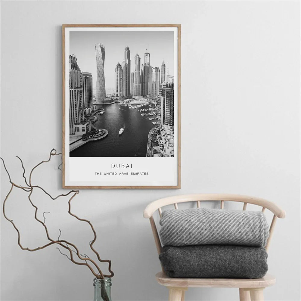 Dubai Skyline Poster International Travel Wall Art Fine Art Canvas Prints Black White Pictures For Living Room Dining Room Home Office Art Decor | Bowlift