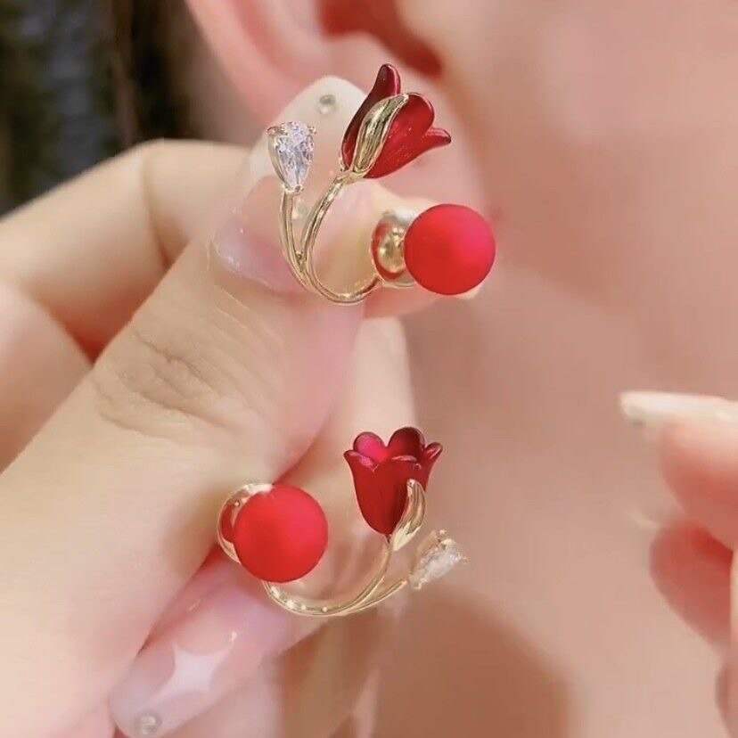 BowLift | Artistic Red Flower Korean Style Zircon Earrings