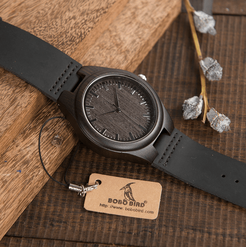 BowLift | Mens Black Wooden Watch With Real Leather - Quartz, Natural Ebony Wood