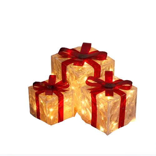 Bright gift boxes in a set of 3 – Transparent Christmas decoration with red ribbons | For indoors & outdoors | Bowlift