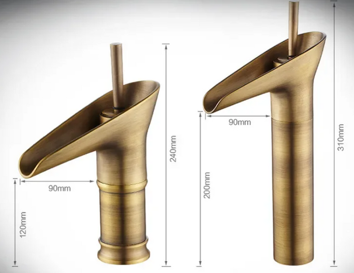 BowLift | Antique Brass Waterfall Basin Tap – Vintage Bathroom Mixer Faucet with Hot & Cold Control