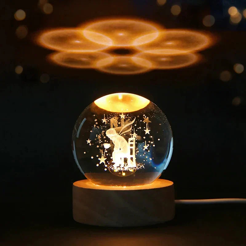 3D Crystal Night Light LED - Starry Sky Projector with Wooden Base, Romantic Lighting for Bedroom & Gifts | Bowlift
