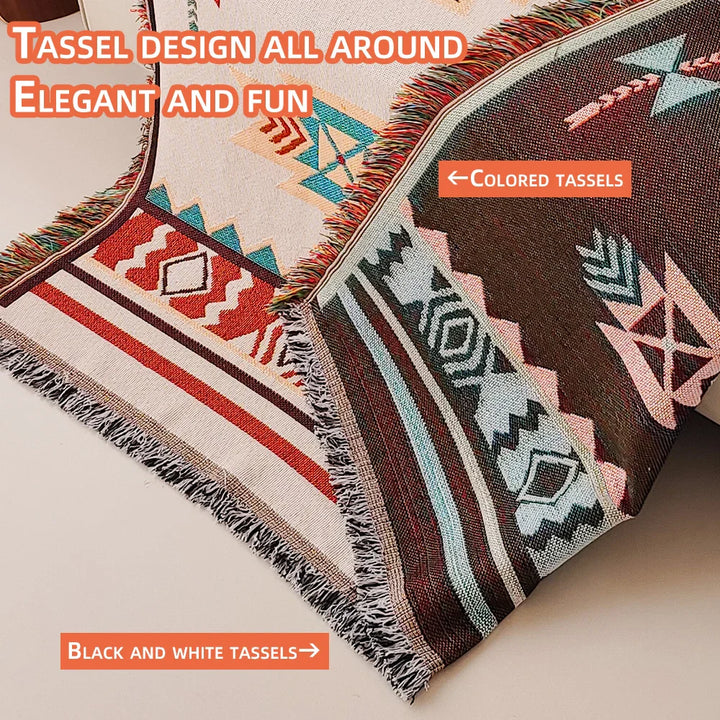 BowLift | AztecaLoom Boho Blanket | XXL Aztec Throw with Fringes | Southwestern Ethno Style | Vintage Throw Blanket made of Cotton Blend