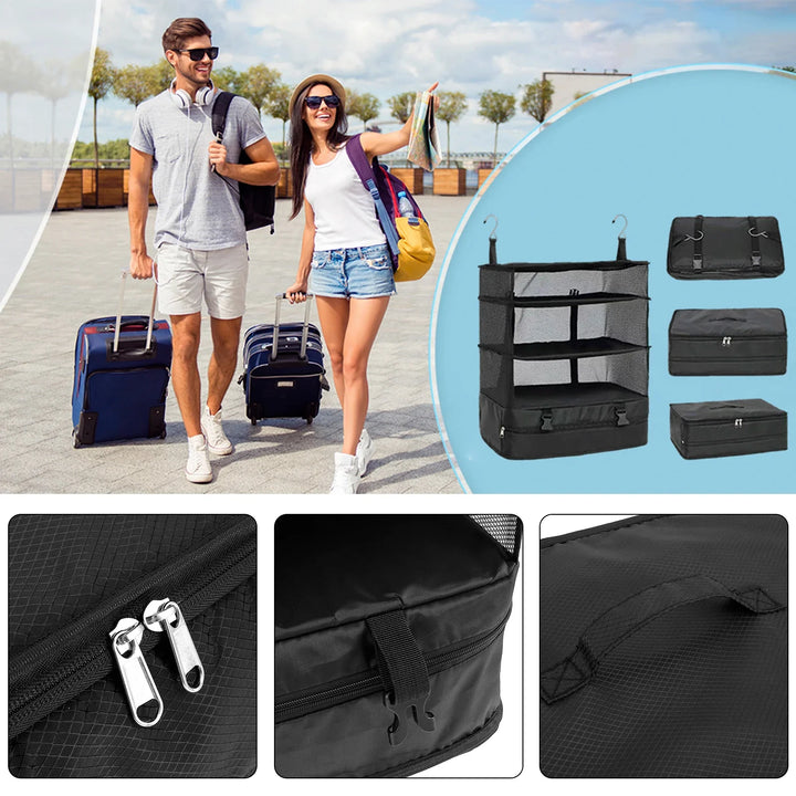 BowLift | Packelier Suitcase Organizer | Hanging Shelf for Travel | 3 Compartments | Foldable & Water-Resistant | Black