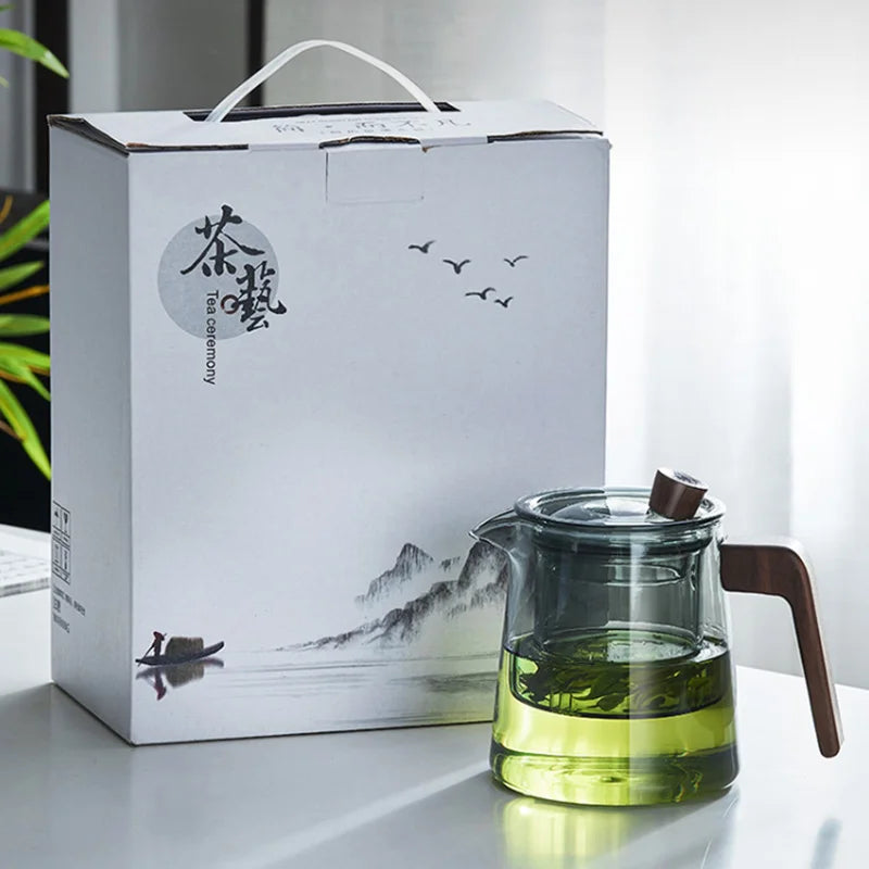 BowLift | GIANXI Retro Glass Teapot Wood Handle Chinese Tea Ceremony Transparent Teawear Set Cup Filter High Boron Silicon Pot  530ML