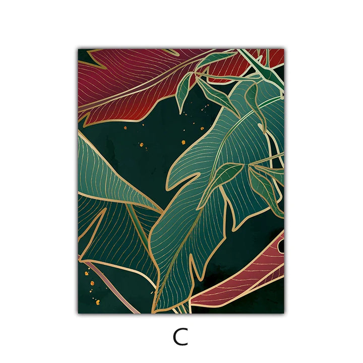 Modern Abstract Tropical Botany Wall Art Fine Art Canvas Prints Red Green Palm Leaves Posters Pictures For Living Room Hotel Room Decor | Bowlift