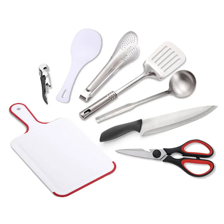 BowLift | TerraChef AdventureKit Camping Kitchen Set 9-piece | Incl. storage bag | Stainless steel outdoor cooking accessories | For camping, hiking & BBQ