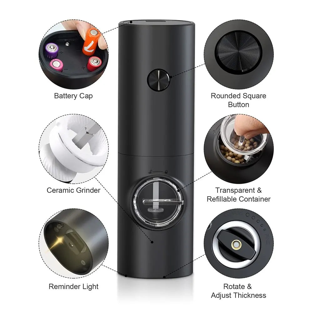 BowLift | 2 Pieces Electric Salt and Pepper Mill with Adjustable Grinding Degree, Refillable Mill, Battery-Powered Kitchen Gadget