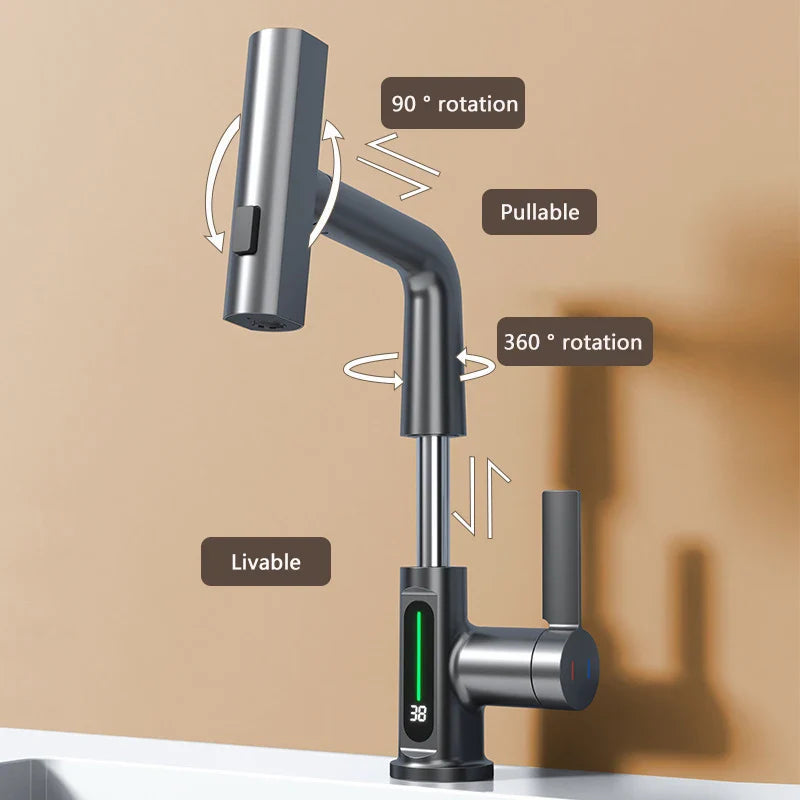 BowLift | Retractable Waterfall Faucet with Temperature Display in Stainless Steel