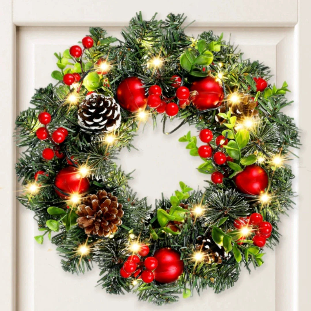 BowLift | Lunoria Christmas Wreath | LED Lighting | Elegant Red Berries & Ribbon