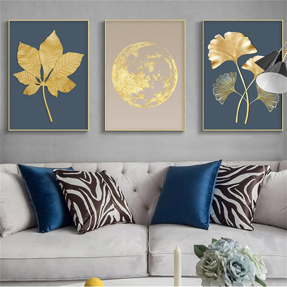 Blue Minimalist Golden Abstract Floral Wall Art Fine Art Canvas Prints Pictures For Luxury Living Room Dining Room Home Office Art Decor | Bowlift