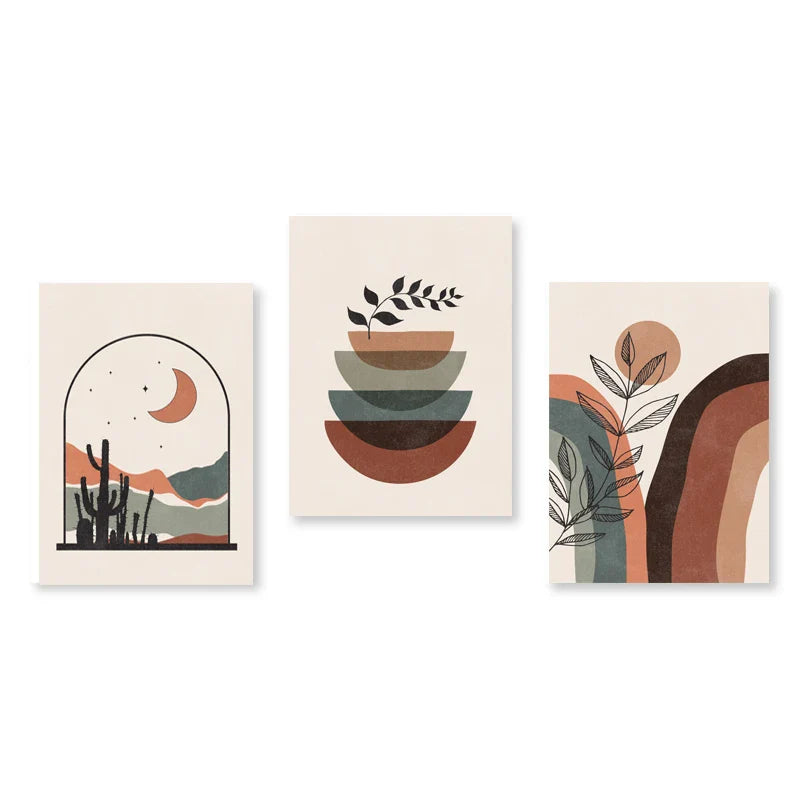 Set of 3Pcs Modern Abstract Bohemian Minimalist Geometric Wall Art Fine Art Canvas Prints Posters Pictures For Living Room Decor | Bowlift