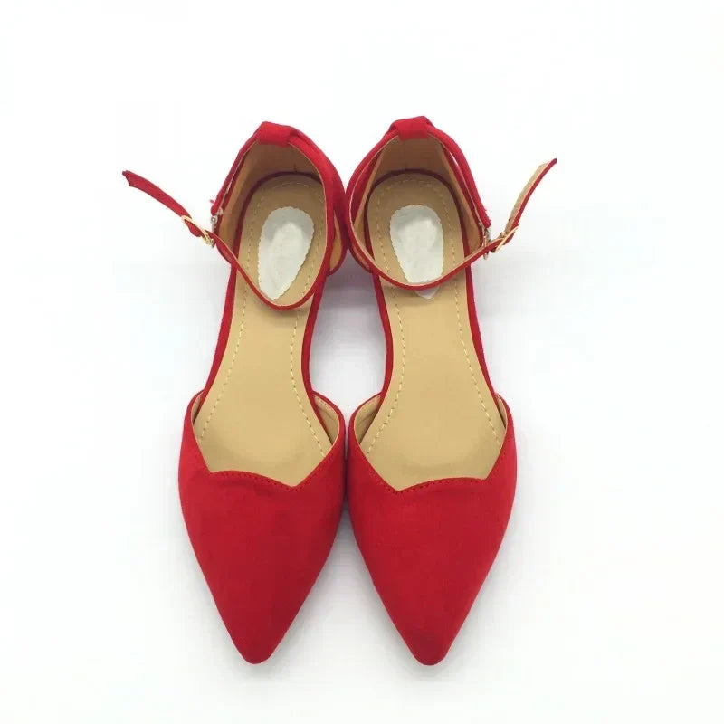 BowLift | Women's Buckle Straps Low Heels Pumps Pointed Toe Flock D'Orsay Heels Shoes Single Shoe Blue
