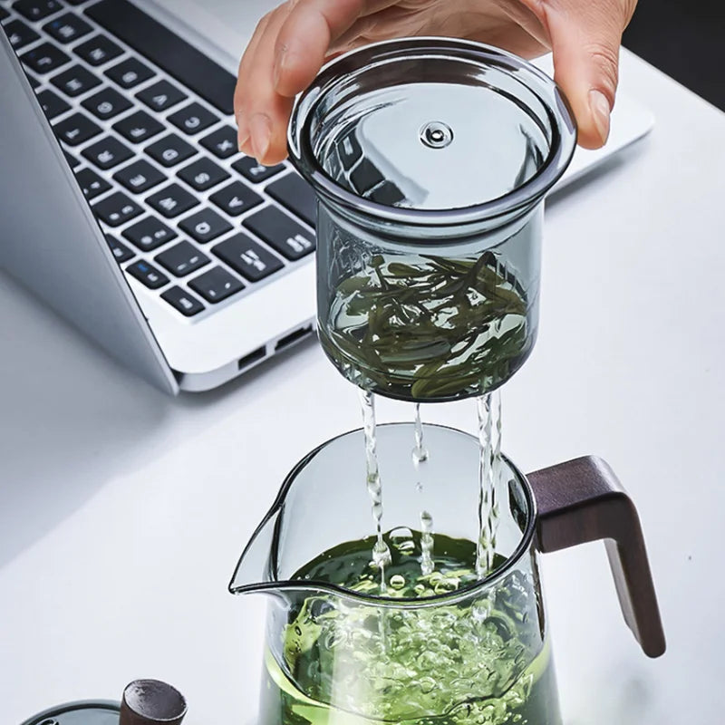 BowLift | GIANXI Retro Glass Teapot Wood Handle Chinese Tea Ceremony Transparent Teawear Set Cup Filter High Boron Silicon Pot  530ML