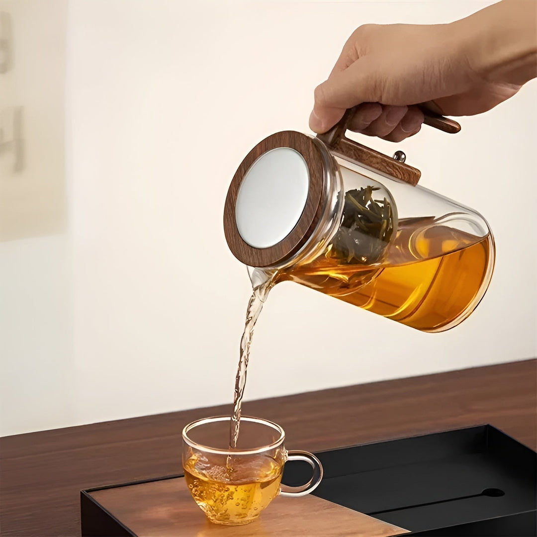 Glass teapot with wooden handle – One-click filter | Perfect for loose tea & Puer | Bowlift