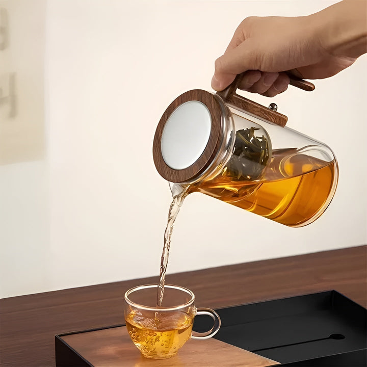 Glass teapot with wooden handle – One-click filter | Perfect for loose tea & Puer | Bowlift