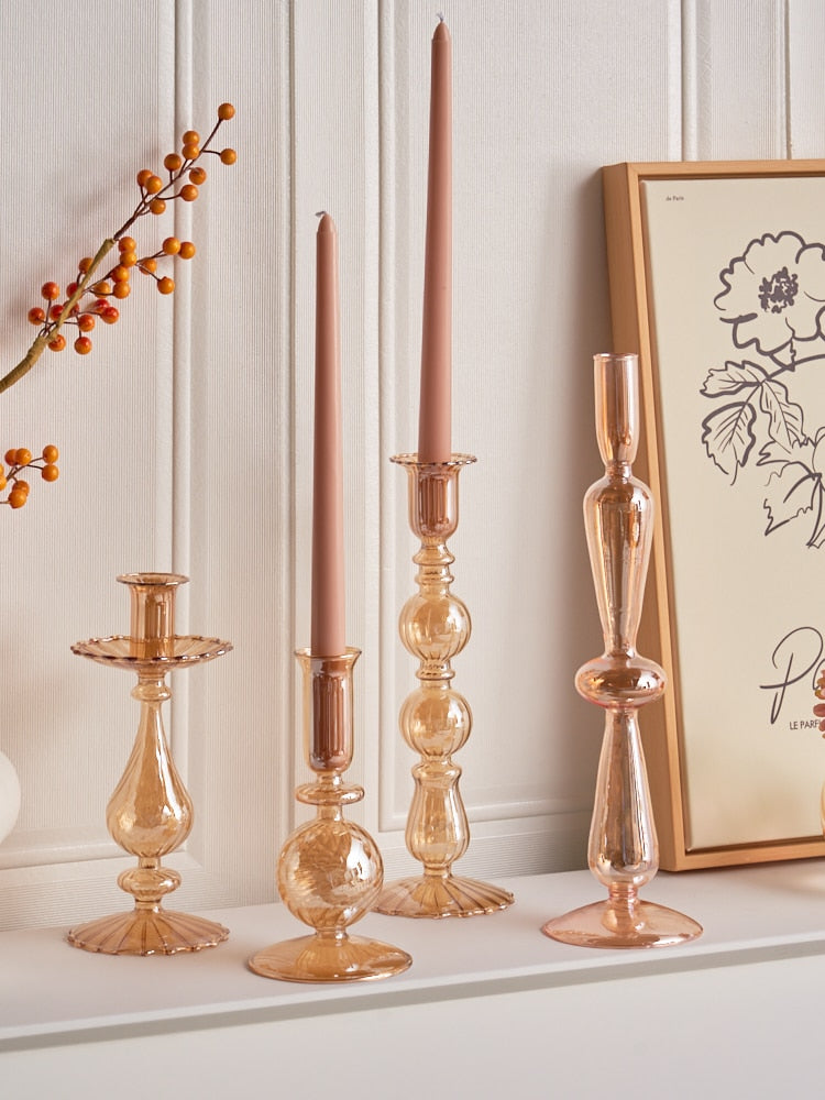 Ribbed Glass Candle Holders - Amber | Bowlift
