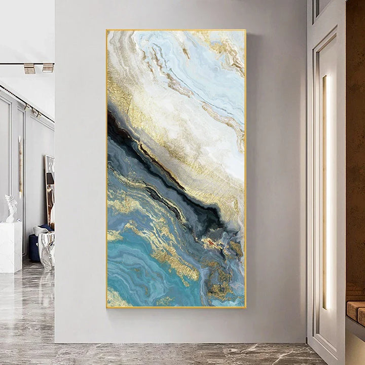 Blue Golden Liquid Marble Essence Wall Art Fine Art Canvas Prints Pictures For Modern Apartment Luxury Living Room Art Decor | Bowlift