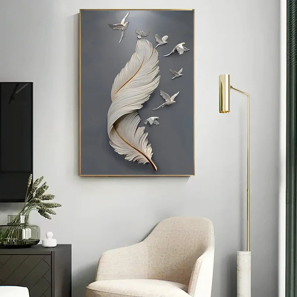 Seven Birds Feather Wall Art Fine Art Canvas Prints 3d Visualization Minimalist Abstract Pictures For Living Room Entranceway, Foyer Art Decor | Bowlift