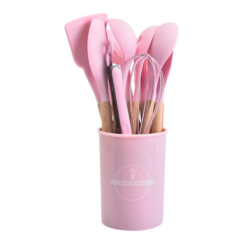 BowLift | Culinora Silicone Kitchen Utensils Set | Heat Resistant up to 230 °C | 12-piece with Wooden Handles | Whisk, Spatula, Tongs & more
