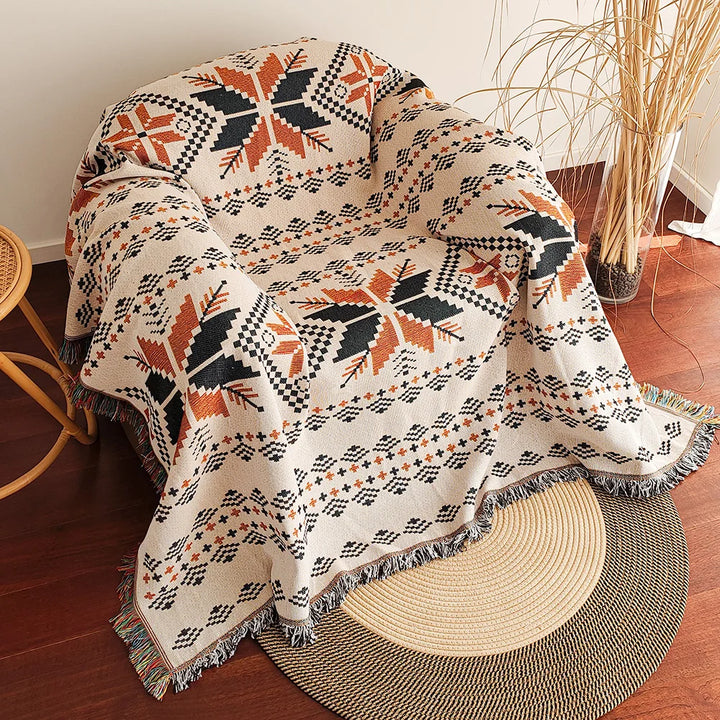BowLift | AztecaLoom Boho Blanket | XXL Aztec Throw with Fringes | Southwestern Ethno Style | Vintage Throw Blanket made of Cotton Blend