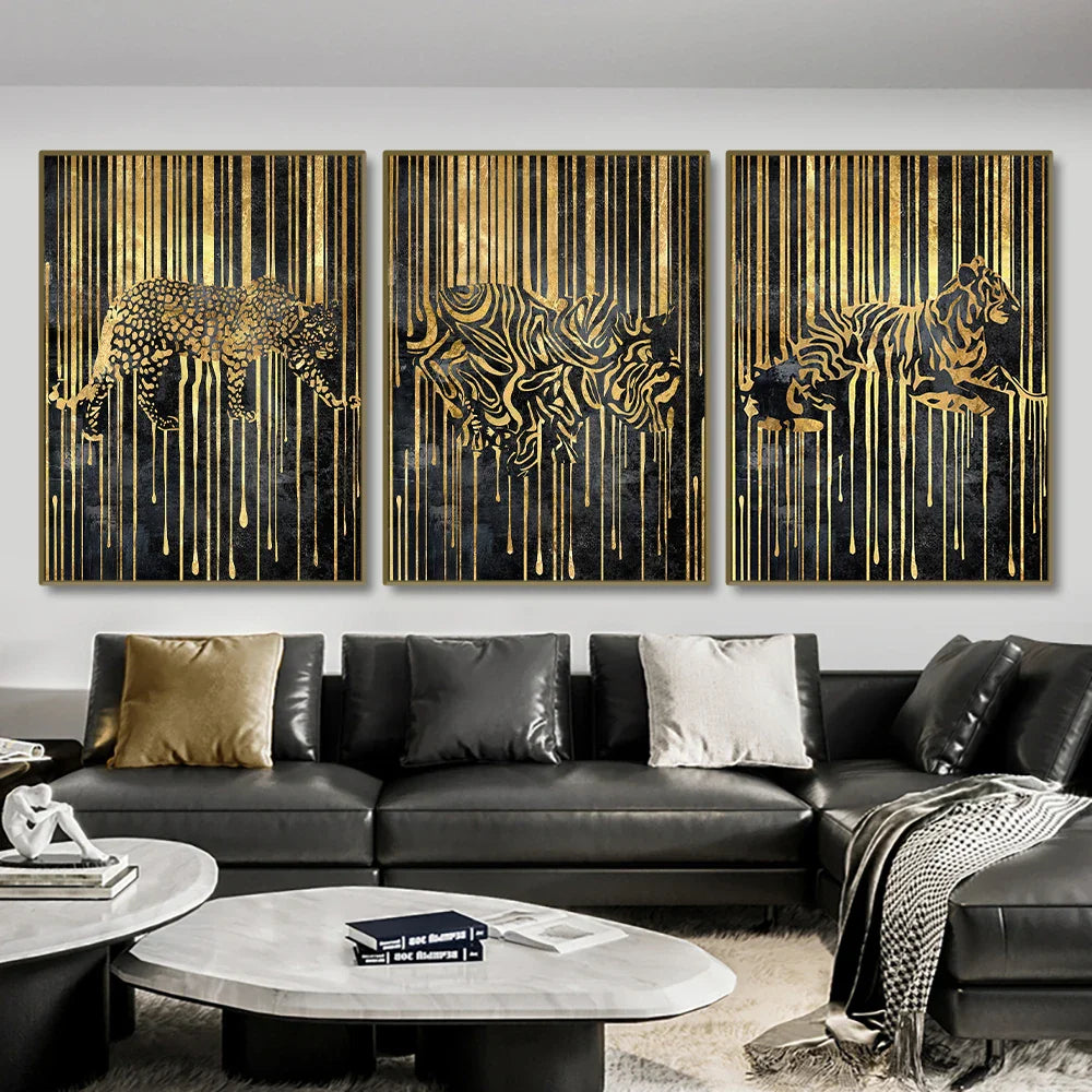 Modern Abstract Golden Zebra Lines Lion Elephant Tiger Wall Art Fine Art Canvas Prints Pictures For Luxury Apartment Living Room Dining Room Art Decor | Bowlift