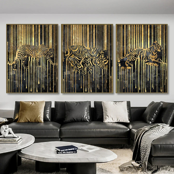 Modern Abstract Golden Zebra Lines Lion Elephant Tiger Wall Art Fine Art Canvas Prints Pictures For Luxury Apartment Living Room Dining Room Art Decor | Bowlift