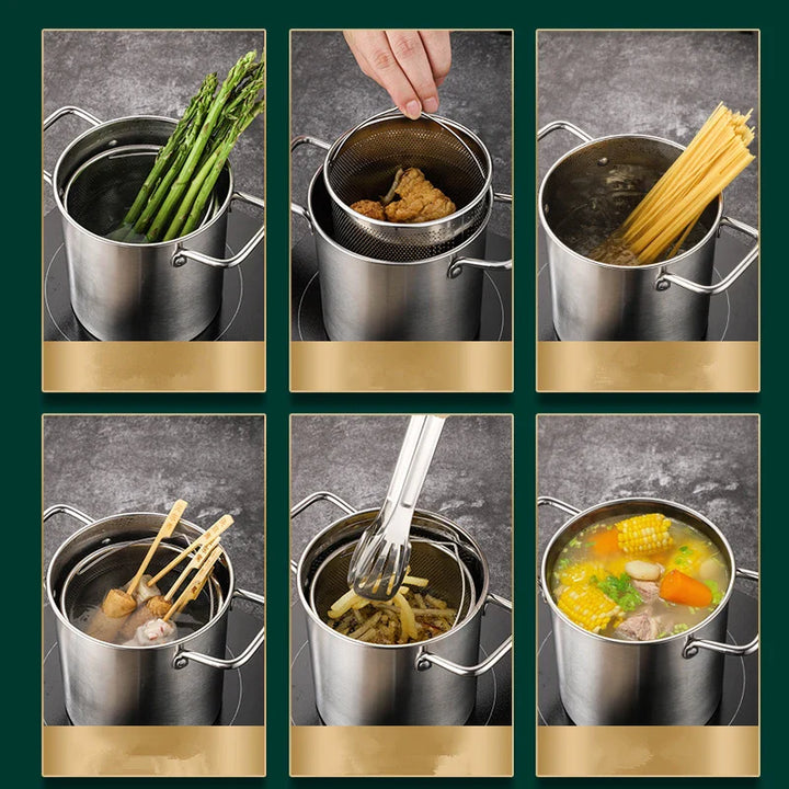 BowLift | Crisplora FryMaster Stainless Steel Frying Pot 3 L with Strainer & Lid | Tempura Fryer with Tongs