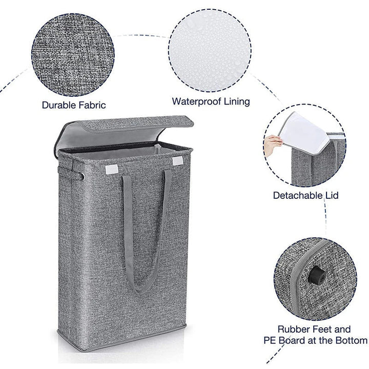 BowLift | NarrowBin Laundry Basket | Narrow & 45L Volume | With Lid & Handles | For Bathroom & Hall