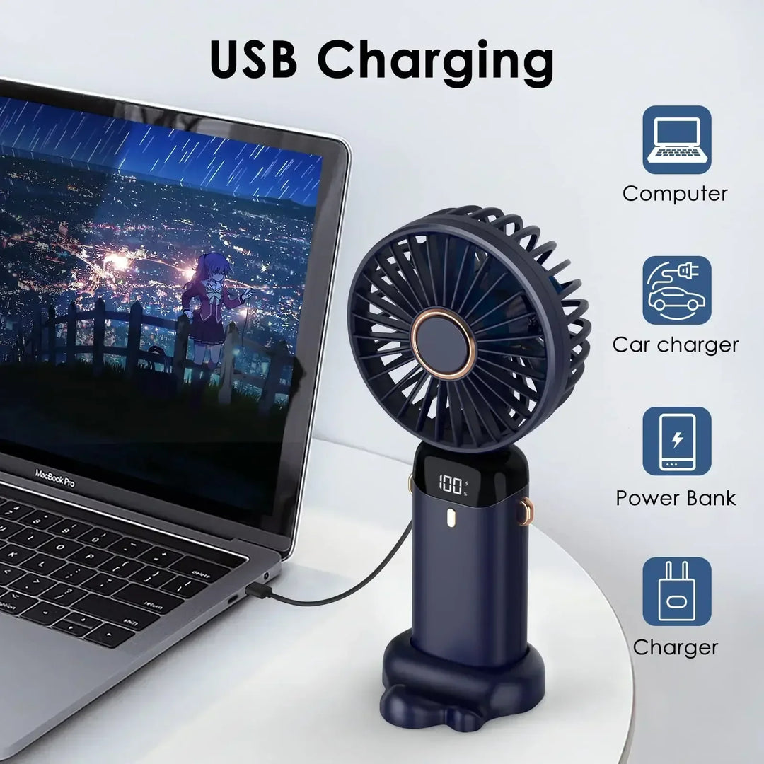 5000mAh Handheld Mini Fan – Wireless USB Rechargeable Portable Fan with Digital Display, Phone Holder, 5-Speed Foldable Neck Hanging Fan | Bowlift