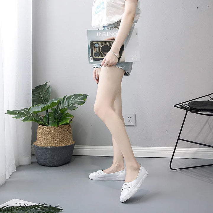 BowLift | 100% Genuine Leather Shoes Women Flat Casual Shoes Soft Cowhide White Flats
