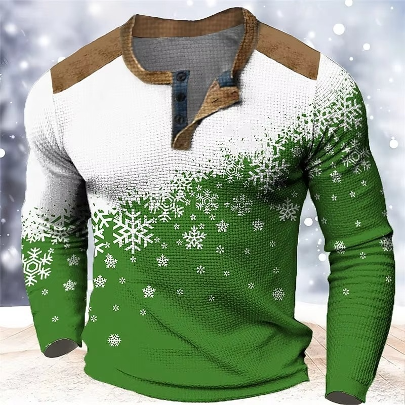 BowLift | Christmas Snowflake Gradient 3D Print Henley Shirt for Men