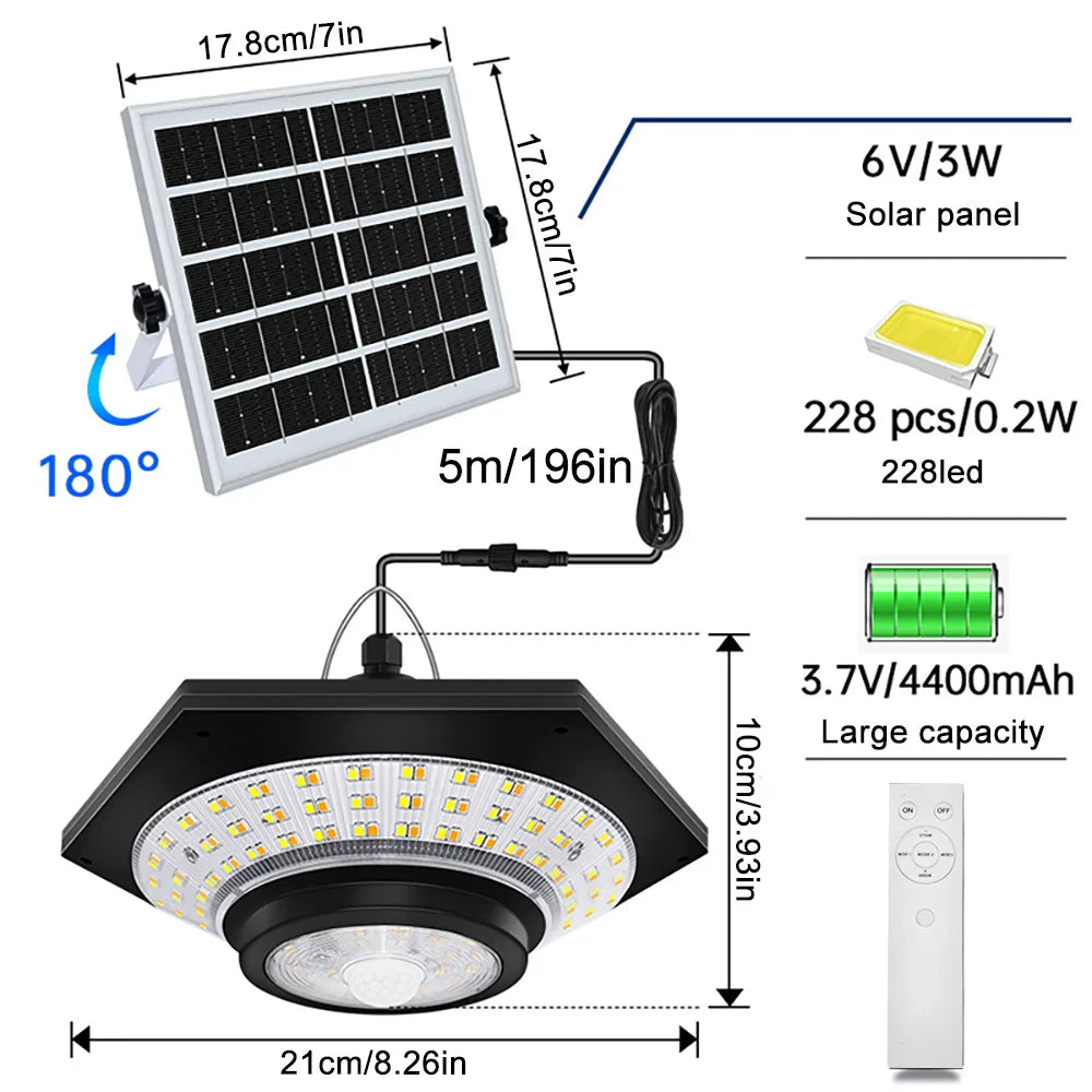 BowLift | SolarHalo | 228 LED Solar Ceiling Lamp | 360° Light Angle | With Remote Control & Motion Sensor | 4400mAh Battery