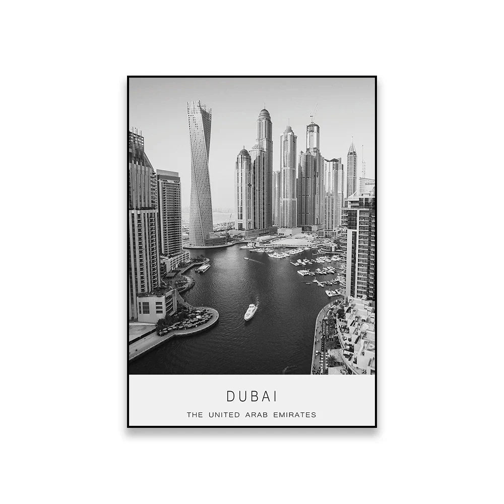 Dubai Skyline Poster International Travel Wall Art Fine Art Canvas Prints Black White Pictures For Living Room Dining Room Home Office Art Decor | Bowlift