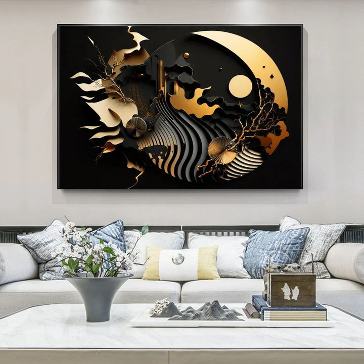 Modern Flowing Geometry Black Golden Abstract Wall Art Fine Art Canvas Prints Pictures For Living Room Dining Room Home Office Decor | Bowlift