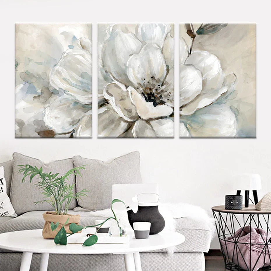 Big Beige White Floral Wall Art Fine Art Canvas Prints Modern Botanical Pictures For Living Room Dining Room Bedroom Art Decor | Bowlift