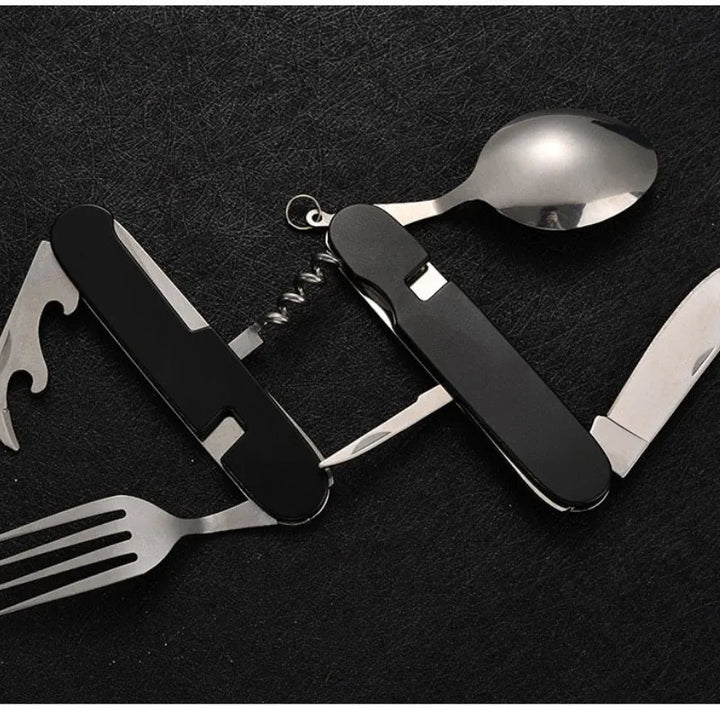 BowLift | 4-in-1 Outdoor Cutlery Set Camplico | Foldable Spoon, Fork, Knife & Bottle Opener | Stainless Steel & Compact | For Camping & Travel